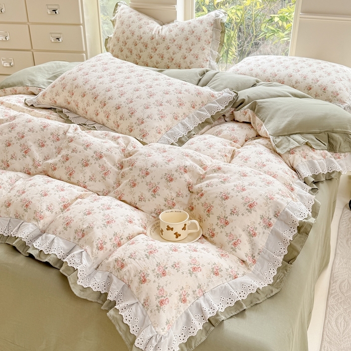 91家纺网 家纺一手货源 找家纺 晨晨家纺2025新款全棉双层花边双层纱四件套 香缇