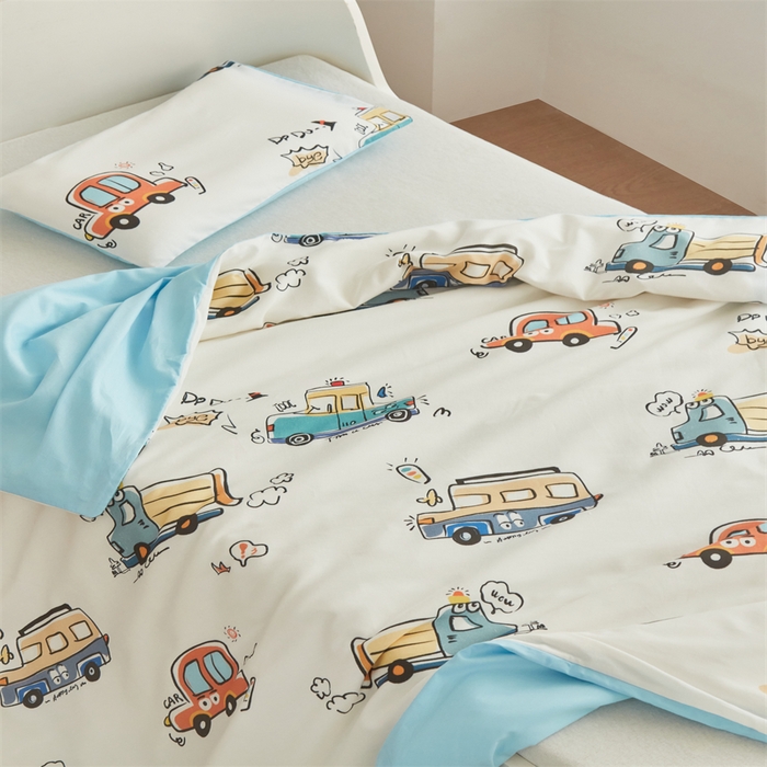 91家纺网 家纺一手货源 找家纺 艾佳宝贝 2025A类儿童全棉多功能单被套可拆式夏被四季被子 巴士汽车