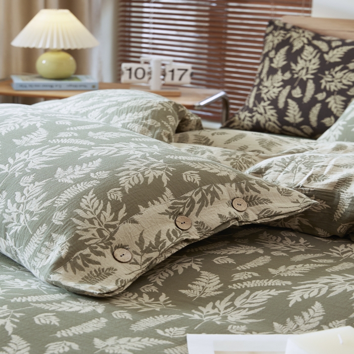 91家纺网 家纺一手货源 找家纺 2025新款全棉色织双层纱纽扣款四件套 扶苏-绿