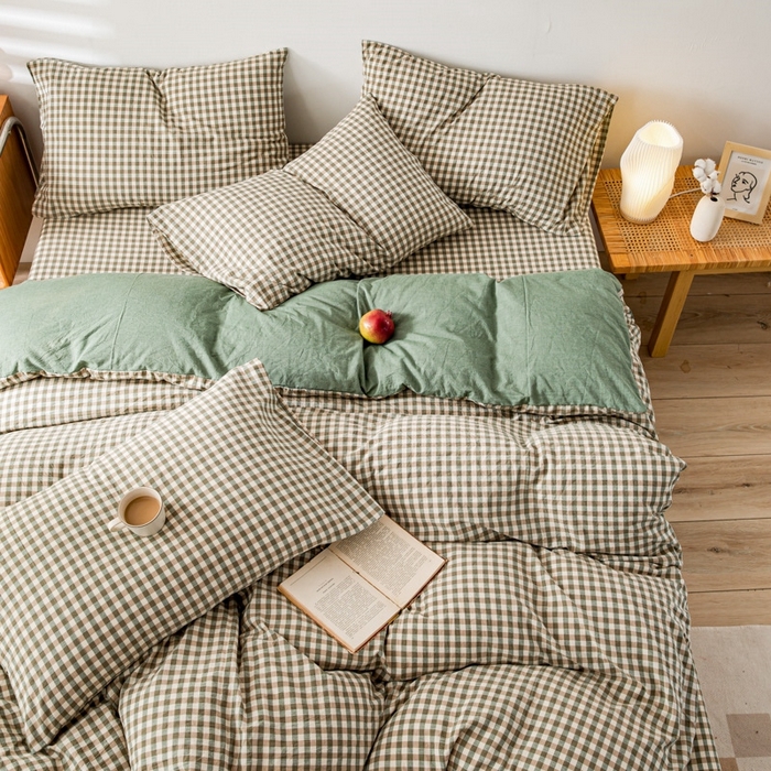 91家纺网 家纺一手货源 找家纺 2025新款A类色织水洗棉单被套 绿小格