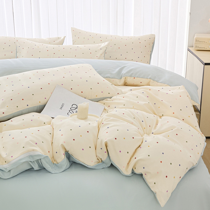 91家纺网 家纺一手货源 找家纺 蕾诺家纺 2025新款直播新款A类有氧提花云纱棉圆角吊边工艺四件套学生三件套 绿波点