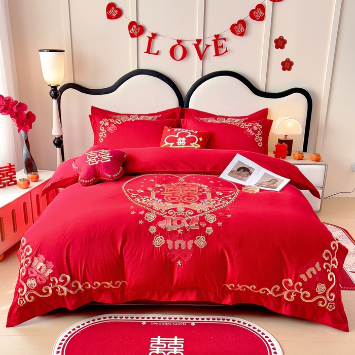 91家纺网 家纺一手货源 找家纺 2025新款100支150克双面长绒棉婚庆绣花四件套 喜韵佳缘