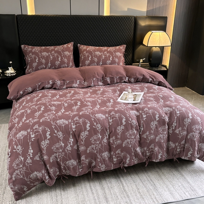 91家纺网 家纺一手货源 找家纺 （总）鲁爱家纺供货 2025新款全棉色织双层纱系带款四件套