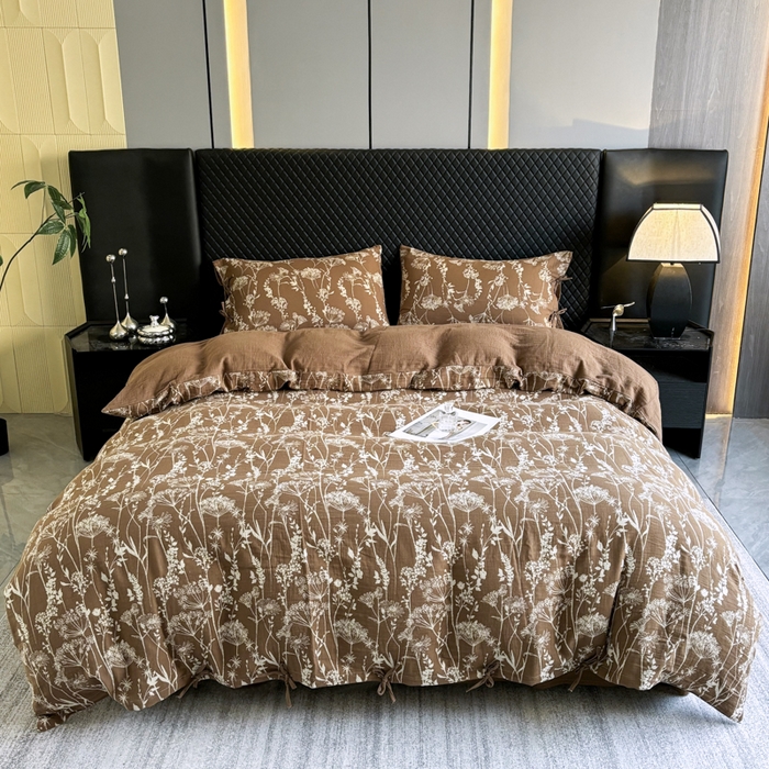 91家纺网 家纺一手货源 找家纺 鲁爱家纺供货 2025新款全棉色织双层纱系带款四件套 云影-浅咖