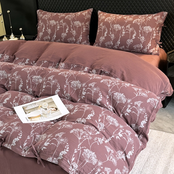 91家纺网 家纺一手货源 找家纺 鲁爱家纺供货 2025新款全棉色织双层纱系带款四件套 云影-豆沙