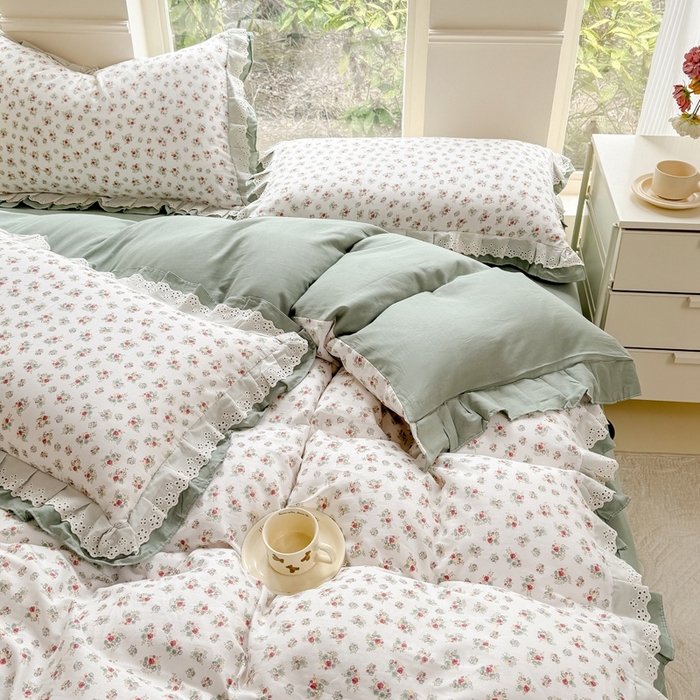 91家纺网 家纺一手货源 找家纺 晨晨家纺2025新款全棉双层花边双层纱四件套 花知晓