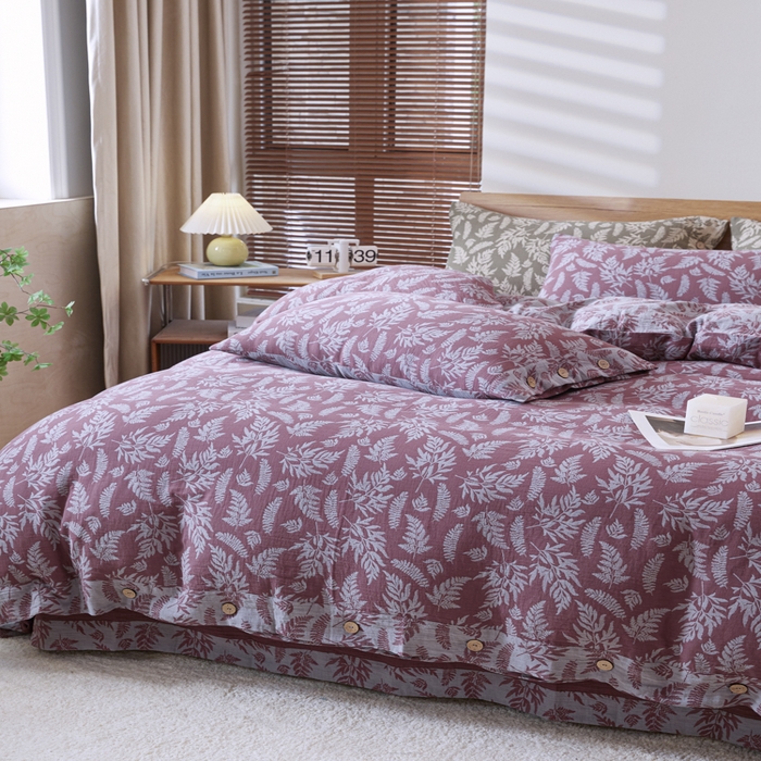 91家纺网 家纺一手货源 找家纺 2025新款全棉色织双层纱纽扣款四件套 扶苏-豆沙