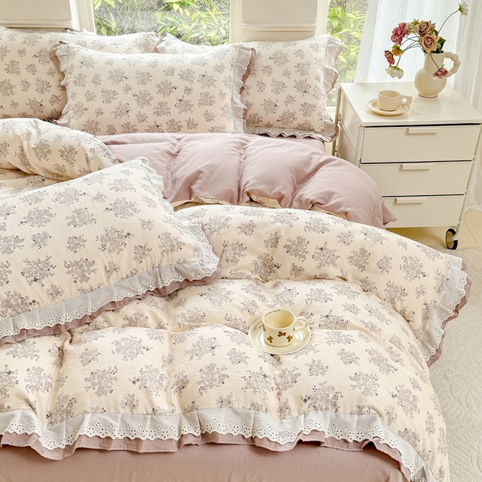 91家纺网 家纺一手货源 找家纺 晨晨家纺2025新款全棉双层花边双层纱四件套 雪莉-咖