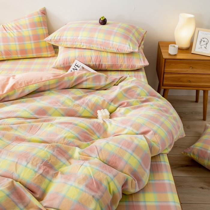 91家纺网 家纺一手货源 找家纺 2025新款A类色织水洗棉单被套 弗暖粉黄