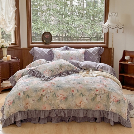 2025新款全棉数码印花双层纱床盖系列 梵花紫梦