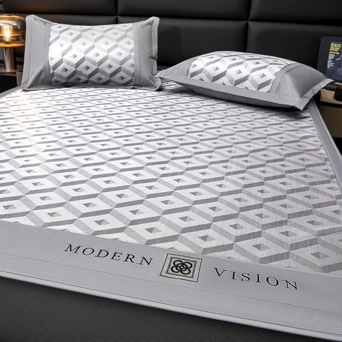 91家纺网 家纺一手货源 找家纺 全季家居 2025新款5A抗菌3D立体冰柔凉感冰丝席 格调-银灰 床笠款