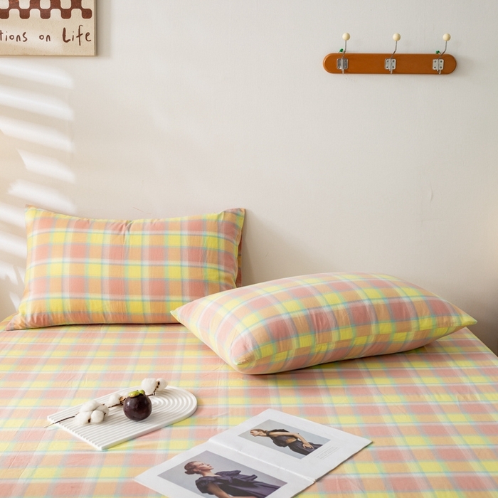 91家纺网 家纺一手货源 找家纺 2025新款A类色织水洗棉单被套 弗暖粉黄