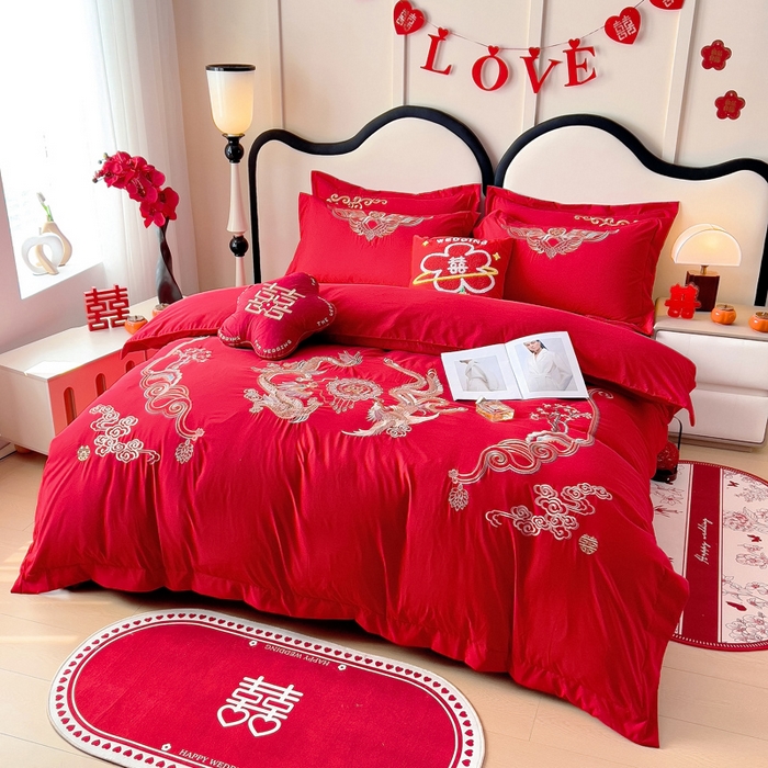 91家纺网 家纺一手货源 找家纺 2025新款100支150克双面长绒棉婚庆绣花四件套 龙腾凤跃