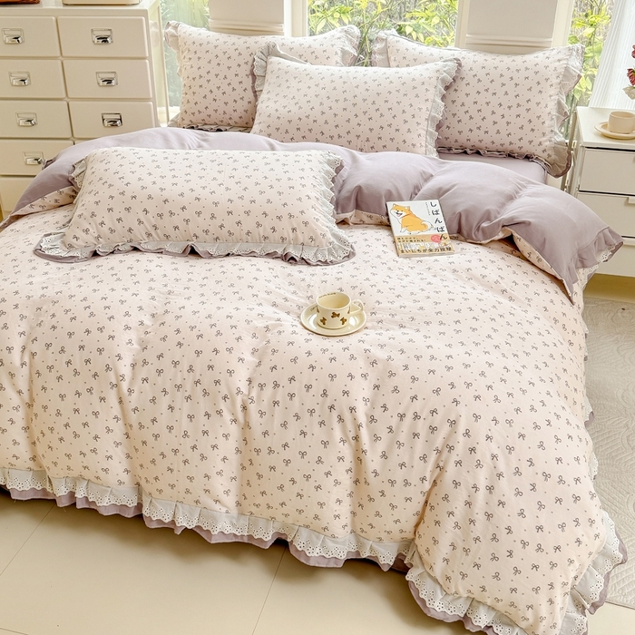 91家纺网 家纺一手货源 找家纺 晨晨家纺2025新款全棉双层花边双层纱四件套 法式少女-咖