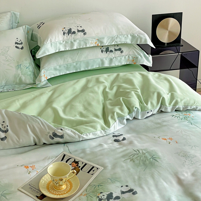 91家纺网 家纺一手货源 找家纺 棉生活家纺 2025新款天丝莱赛尔印花四件套 熊猫乐园