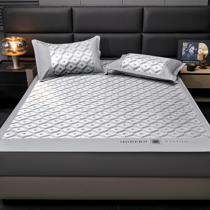 91家纺网 家纺一手货源 找家纺 全季家居 2025新款5A抗菌3D立体冰柔凉感冰丝席 格调-银灰 床笠款