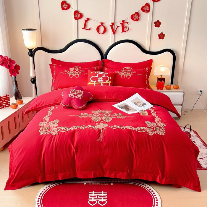 91家纺网 家纺一手货源 找家纺 2025新款100支150克双面长绒棉婚庆绣花四件套 吾家有喜