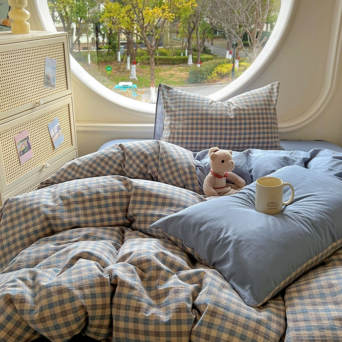 91家纺网 家纺一手货源 找家纺 田野 2025新款全棉水洗棉提花点点系列四件套 点点-深蓝