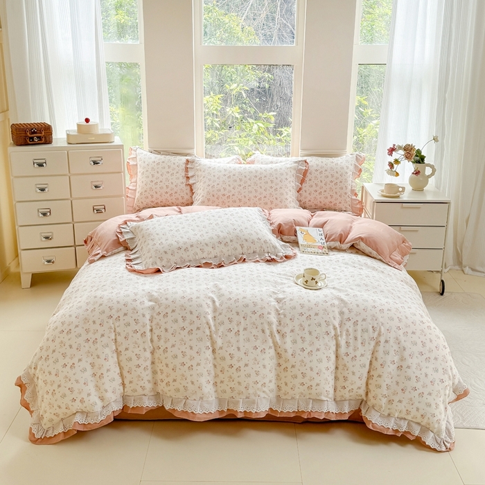 91家纺网 家纺一手货源 找家纺 晨晨家纺2025新款全棉双层花边双层纱四件套 七里香