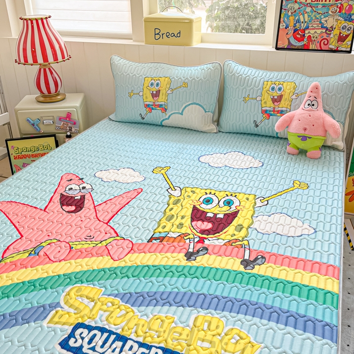 91家纺网 家纺一手货源 找家纺 金爱家 2025新款海绵宝宝乳胶凉席床席款凉席席子 床席款-彩虹海绵宝宝