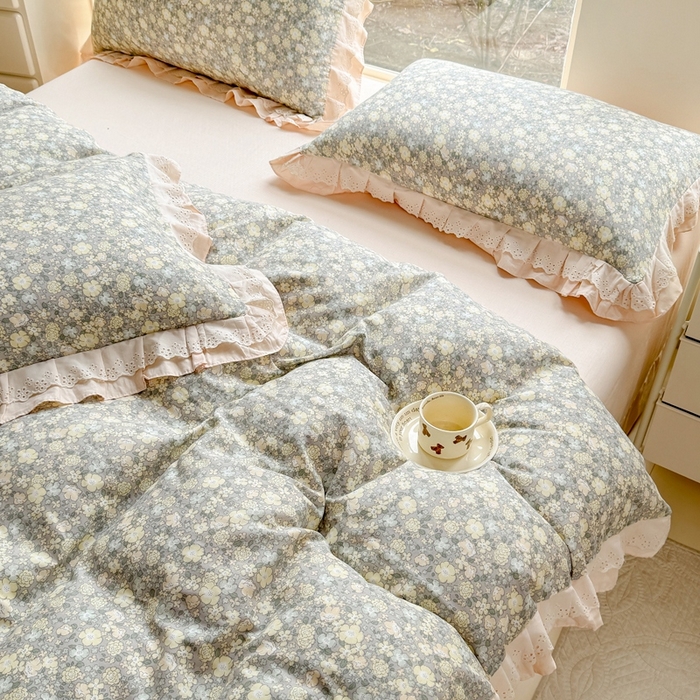 91家纺网 家纺一手货源 找家纺 晨晨家纺2025新款全棉双层花边双层纱四件套 韩式清新-灰