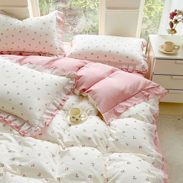 91家纺网 家纺一手货源 找家纺 晨晨家纺2025新款全棉双层花边双层纱四件套 秋实