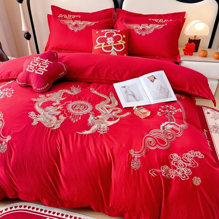 91家纺网 家纺一手货源 找家纺 （总）2025新款100支150克双面长绒棉婚庆绣花四件套