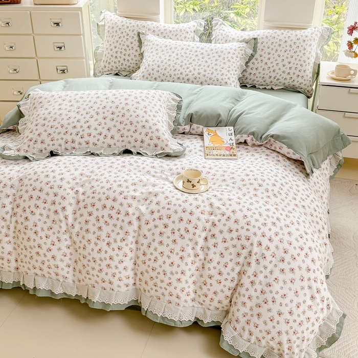 91家纺网 家纺一手货源 找家纺 晨晨家纺2025新款全棉双层花边双层纱四件套 花知晓