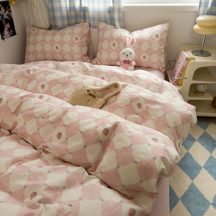 91家纺网 家纺一手货源 找家纺 塔塔家居  2025新款全棉纯棉双层纱四件套 草莓酱·粉