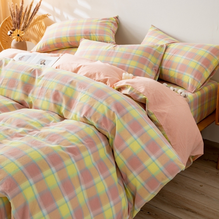 91家纺网 家纺一手货源 找家纺 2025新款A类色织水洗棉单被套 弗暖粉黄