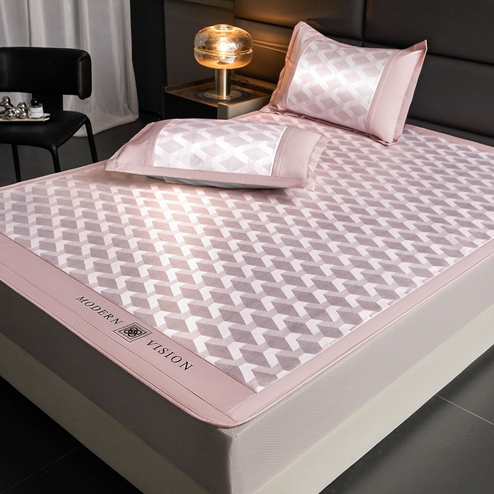 91家纺网 家纺一手货源 找家纺 全季家居 2025新款5A抗菌3D立体冰柔凉感冰丝席 菱形-淡粉 床笠款