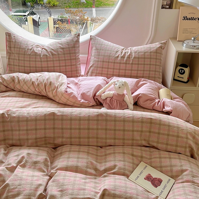 91家纺网 家纺一手货源 找家纺 田野 2025新款全棉水洗棉提花点点系列四件套 点点-粉