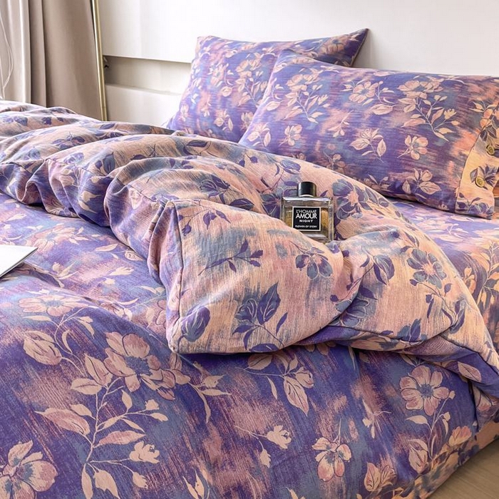 91家纺网 家纺一手货源 找家纺 2025新款全棉色织双层纱纽扣款四件套 花海-紫罗兰