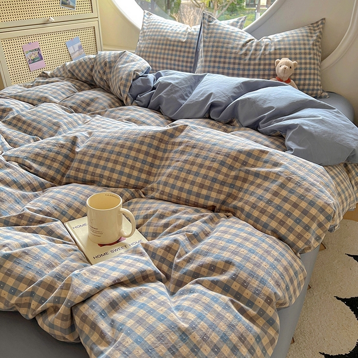 91家纺网 家纺一手货源 找家纺 田野 2025新款全棉水洗棉提花点点系列四件套 点点-深蓝