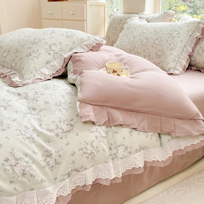 91家纺网 家纺一手货源 找家纺 晨晨家纺2025新款全棉双层花边双层纱四件套 浮生半日-绿