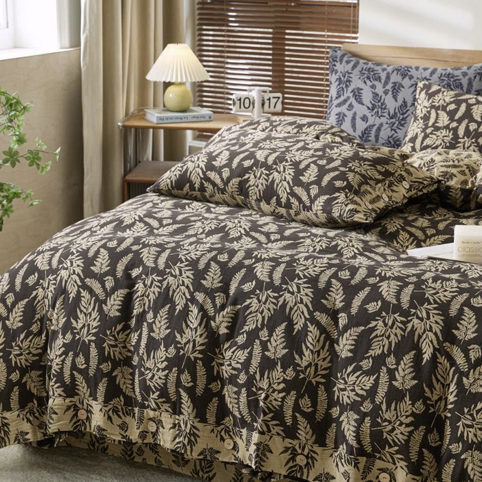 91家纺网 家纺一手货源 找家纺 2025新款全棉色织双层纱纽扣款四件套 扶苏-深咖