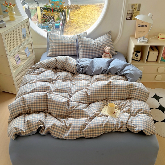 91家纺网 家纺一手货源 找家纺 田野 2025新款全棉水洗棉提花点点系列四件套 点点-深蓝