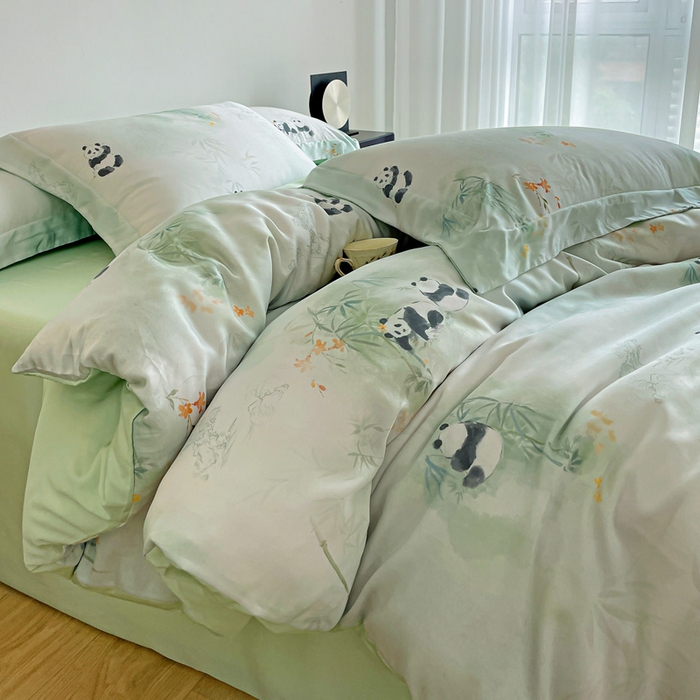 91家纺网 家纺一手货源 找家纺 棉生活家纺 2025新款天丝莱赛尔印花四件套 熊猫乐园