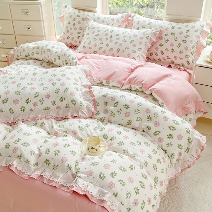 91家纺网 家纺一手货源 找家纺 晨晨家纺2025新款全棉双层花边双层纱四件套 絮语