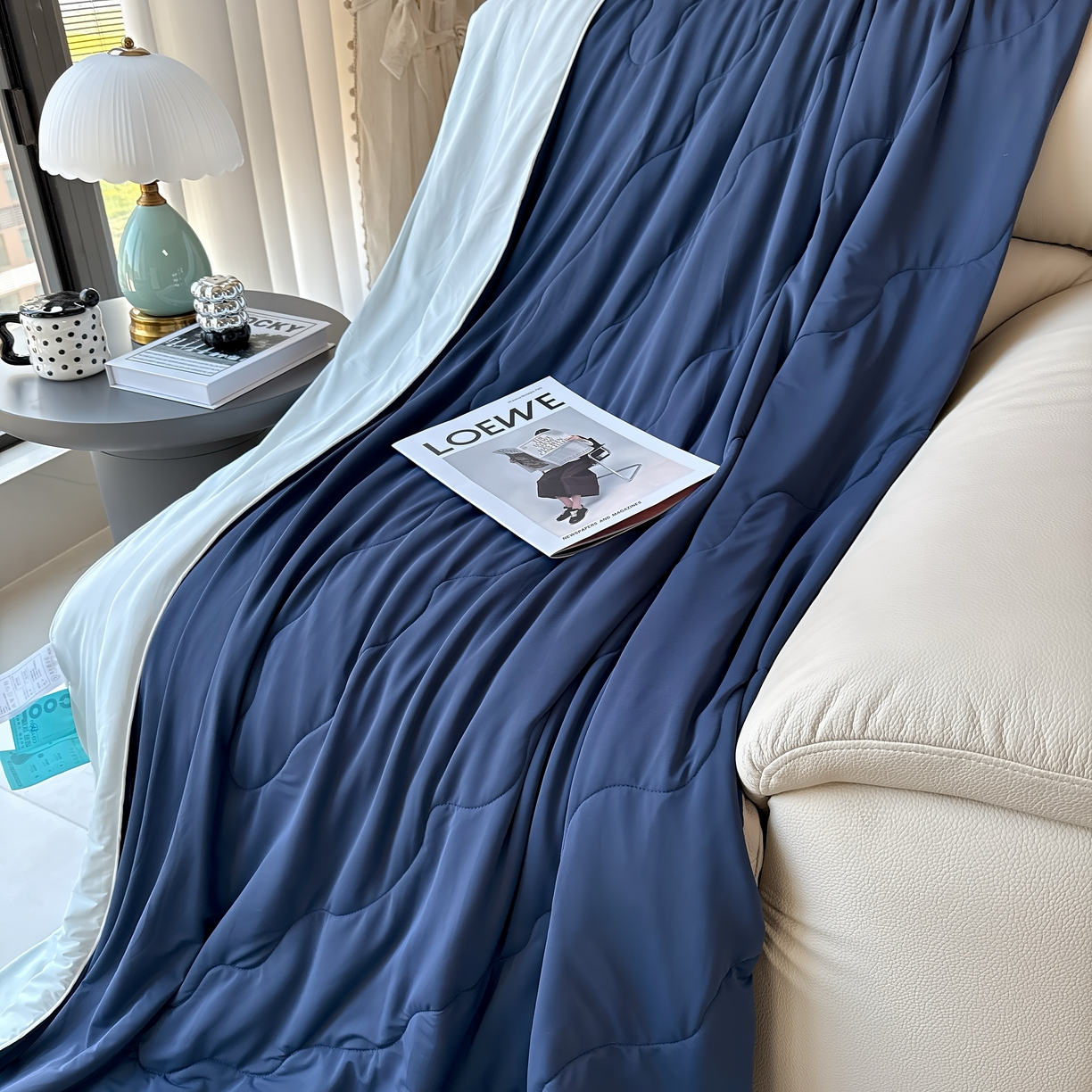 91家纺网 家纺一手货源 找家纺 兜米 2025夏季玻尿酸凉感冰皮被夏凉被空调被 深蓝拼浅蓝