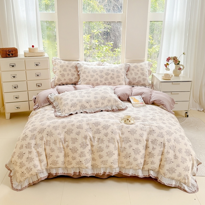 91家纺网 家纺一手货源 找家纺 晨晨家纺2025新款全棉双层花边双层纱四件套 雪莉-咖