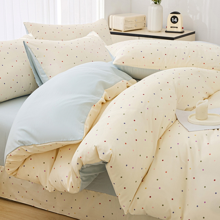 91家纺网 家纺一手货源 找家纺 蕾诺家纺 2025新款直播新款A类有氧提花云纱棉圆角吊边工艺四件套学生三件套 绿波点