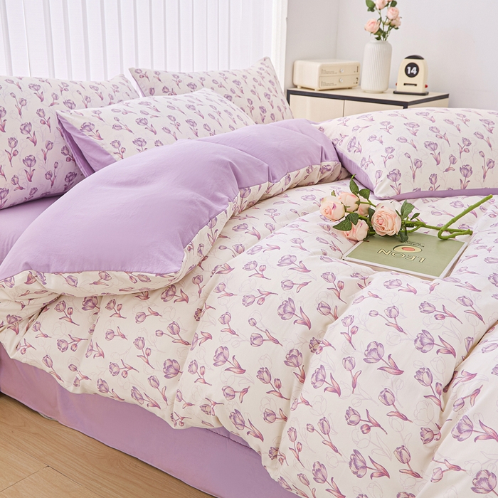 91家纺网 家纺一手货源 找家纺 蕾诺家纺 2025新款直播新款A类有氧提花云纱棉圆角吊边工艺四件套学生三件套 紫色郁金香