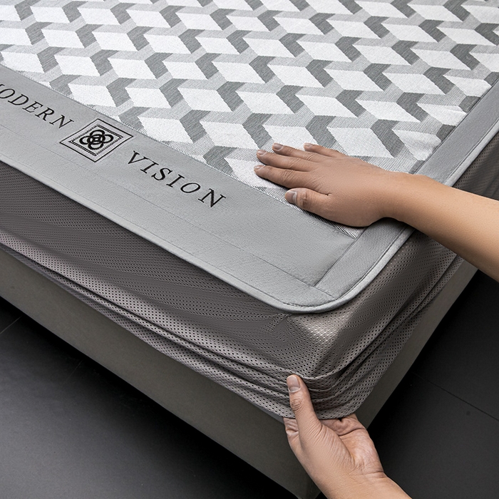 91家纺网 家纺一手货源 找家纺 全季家居 2025新款5A抗菌3D立体冰柔凉感冰丝席 菱形-银灰 床笠款