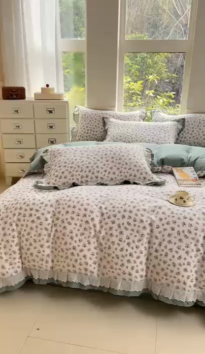 91家纺网 家纺一手货源 找家纺 晨晨家纺2025新款全棉双层花边双层纱四件套 香缇