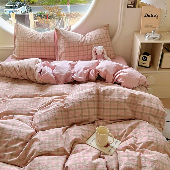 91家纺网 家纺一手货源 找家纺 田野 2025新款全棉水洗棉提花点点系列四件套 点点-粉