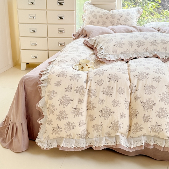 91家纺网 家纺一手货源 找家纺 晨晨家纺2025新款全棉双层花边双层纱四件套 雪莉-咖