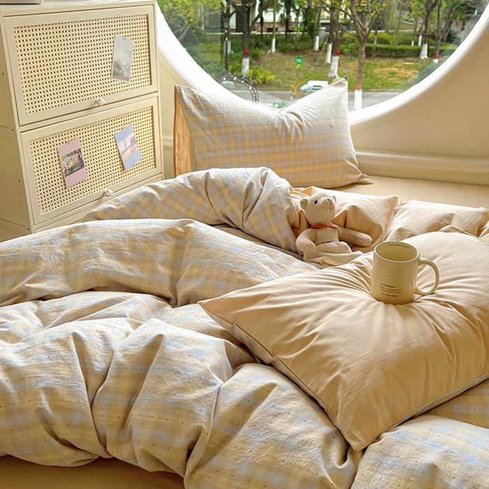 91家纺网 家纺一手货源 找家纺 田野 2025新款全棉水洗棉提花点点系列四件套 点点-兰咖