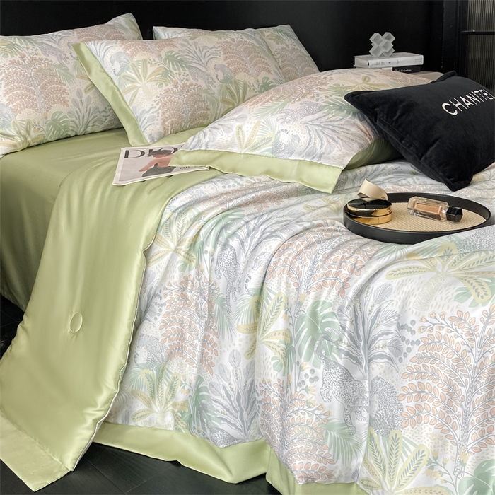 91家纺网 家纺一手货源 找家纺 本制 2025新款水洗真丝印花夏被夏凉被空调被 蔓叶森语+抺茶绿