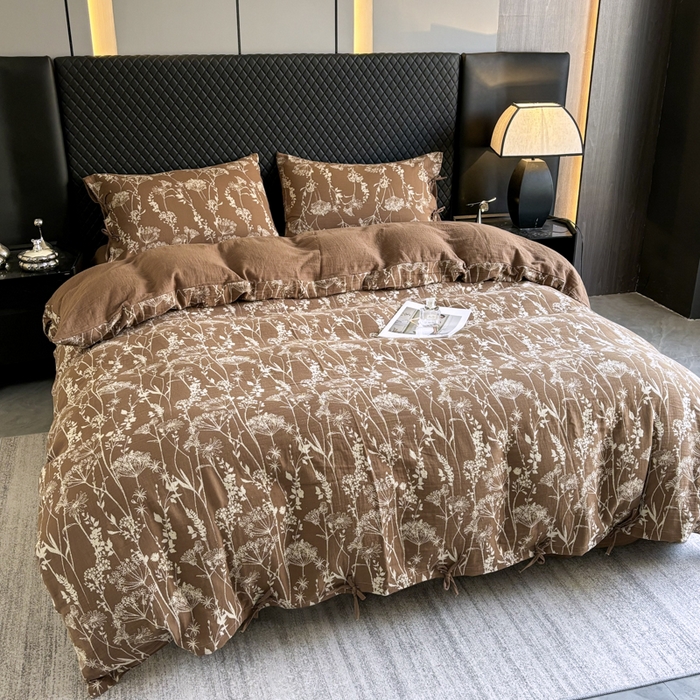 91家纺网 家纺一手货源 找家纺 鲁爱家纺供货 2025新款全棉色织双层纱系带款四件套 云影-浅咖